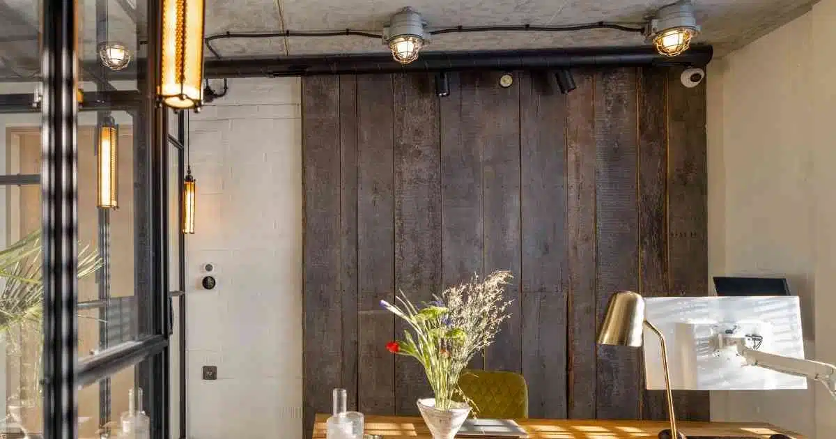 A modern office with wooden walls and a desk.