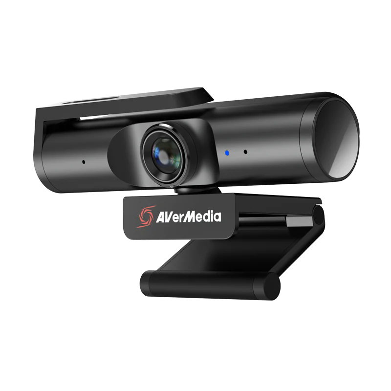 A black AVerMedia webcam, perfect for Zoom calls, features a sleek cylindrical body, a central lens, and a convenient clip for easy mounting.