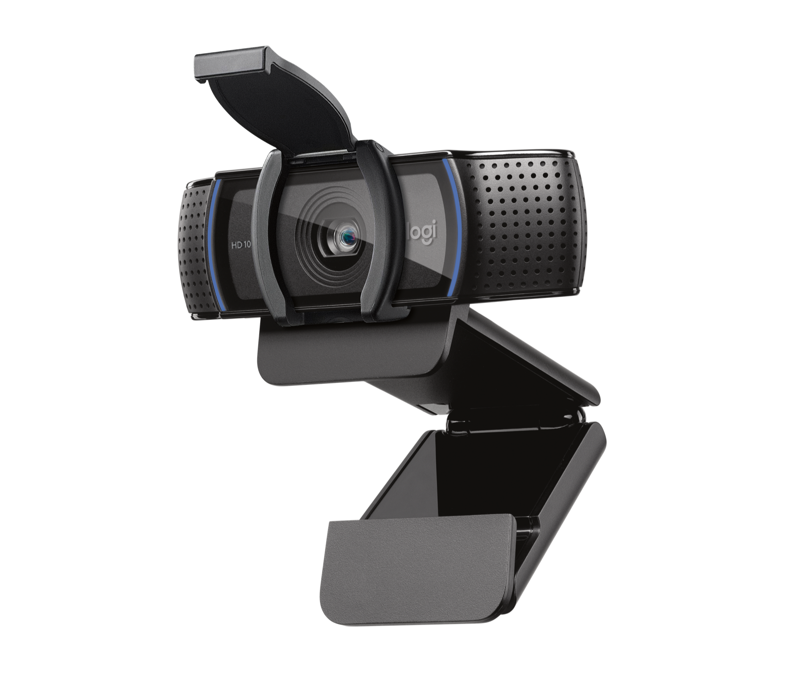 A sleek black webcam designed for Zoom calls, featuring an adjustable clip and lens cover for privacy.