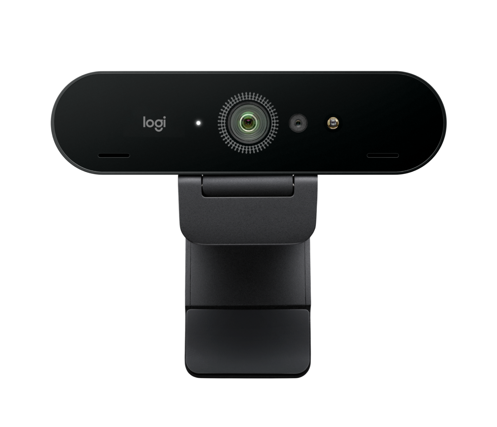 Front view of a black Logitech webcam, ideal for Zoom calls, featuring a central lens and an adjustable stand.