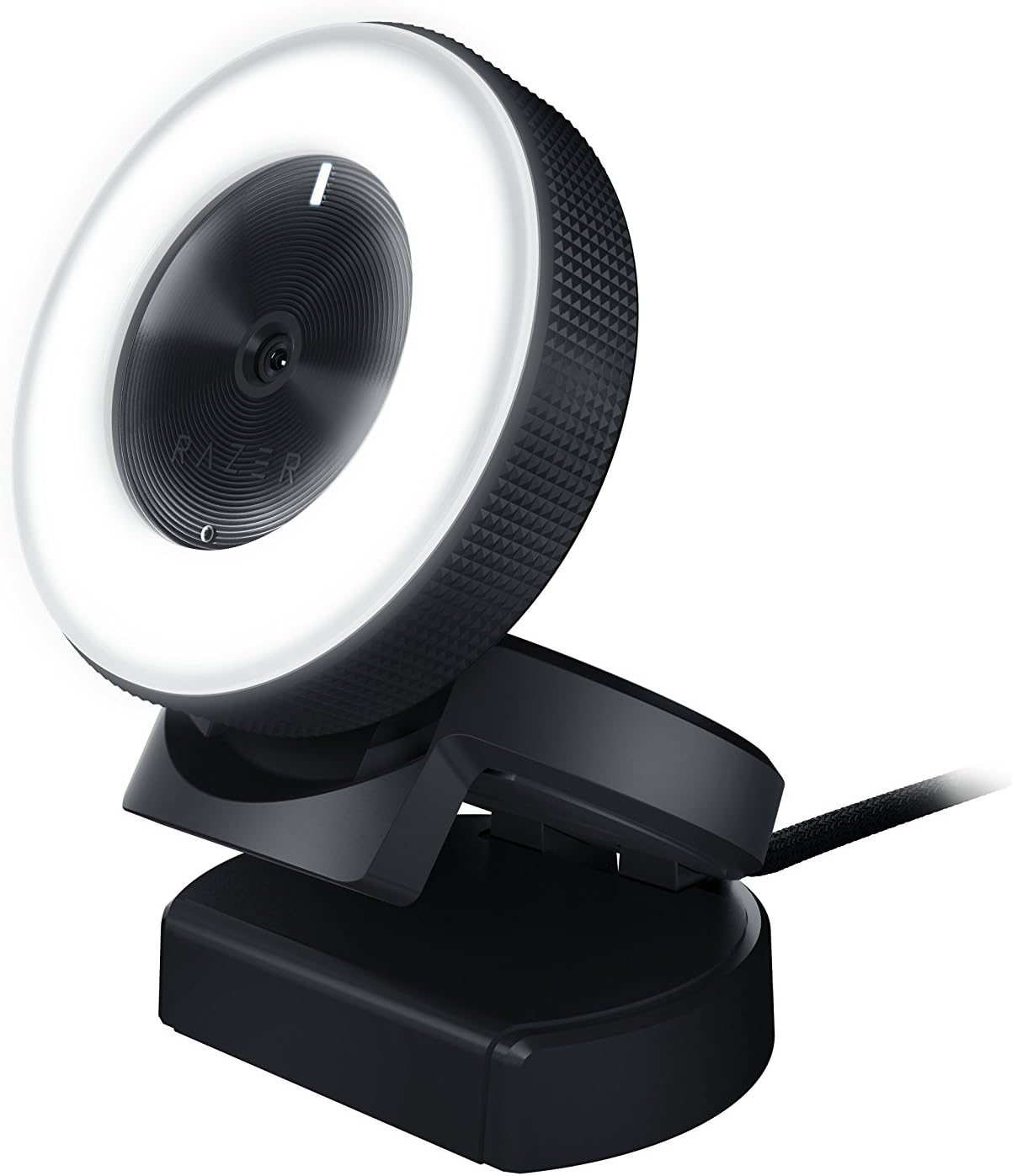 A black webcam with a circular LED light, mounted on a stand, viewed from a side angle—perfect for those seeking the best webcams 2025 has to offer.