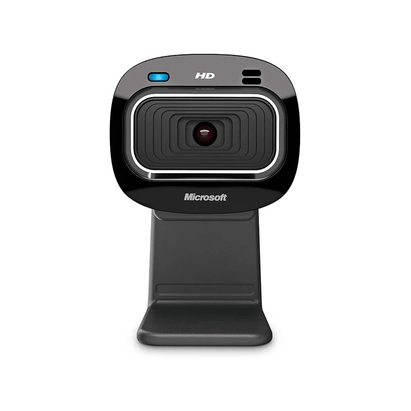 A black Microsoft HD webcam with a built-in microphone on a stand, known among the best webcams for streaming, features a striking blue LED indicator light on the left side.