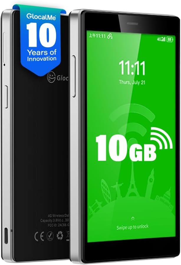 Two black rectangular wireless hotspot devices, one showing a green screen with "10GB" and travel icons, and the other displaying a "10 Years of Innovation" badge.