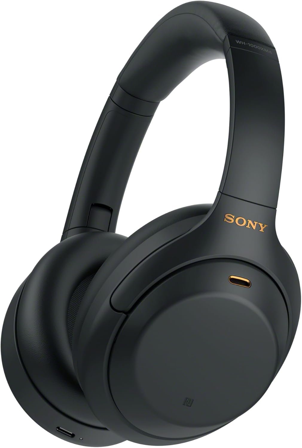 Black over-ear Sony wireless headphones with cushioned ear cups, adjustable headband, and Sony logo in gold on the side.