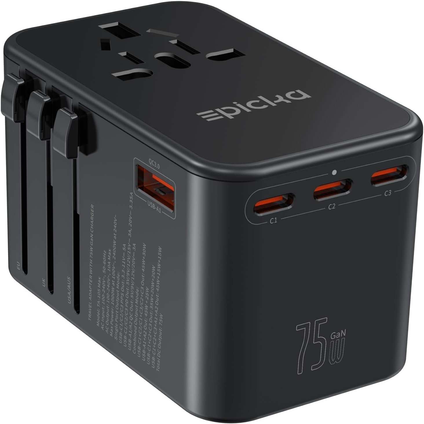 A black universal travel adapter with multiple plug types and three USB-C ports, labeled "Epicka" and "75W GaN" on its surface.