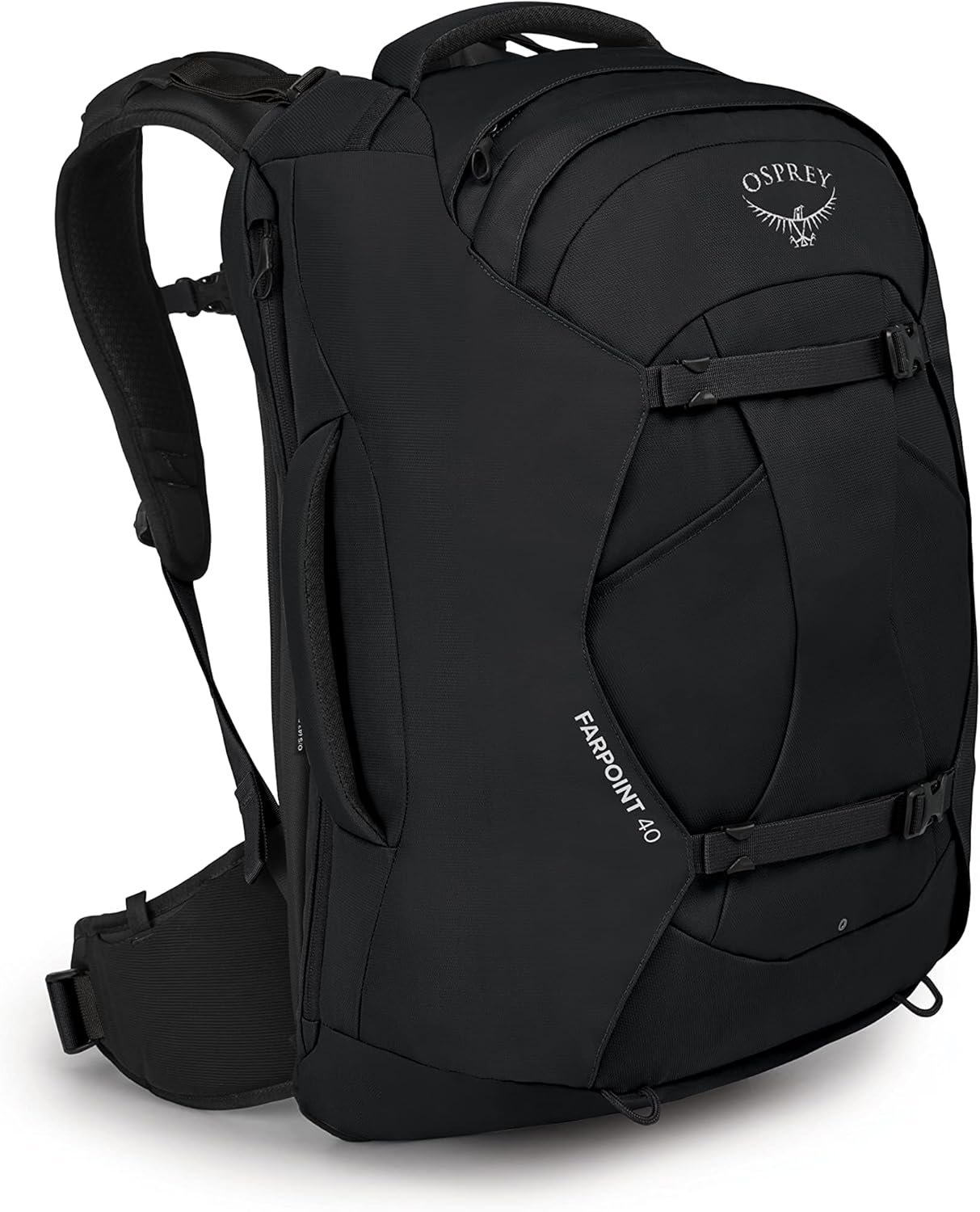 Black Osprey Farpoint 40 travel backpack with padded shoulder straps, hip belt, and multiple zippered compartments, shown standing upright on a white background.