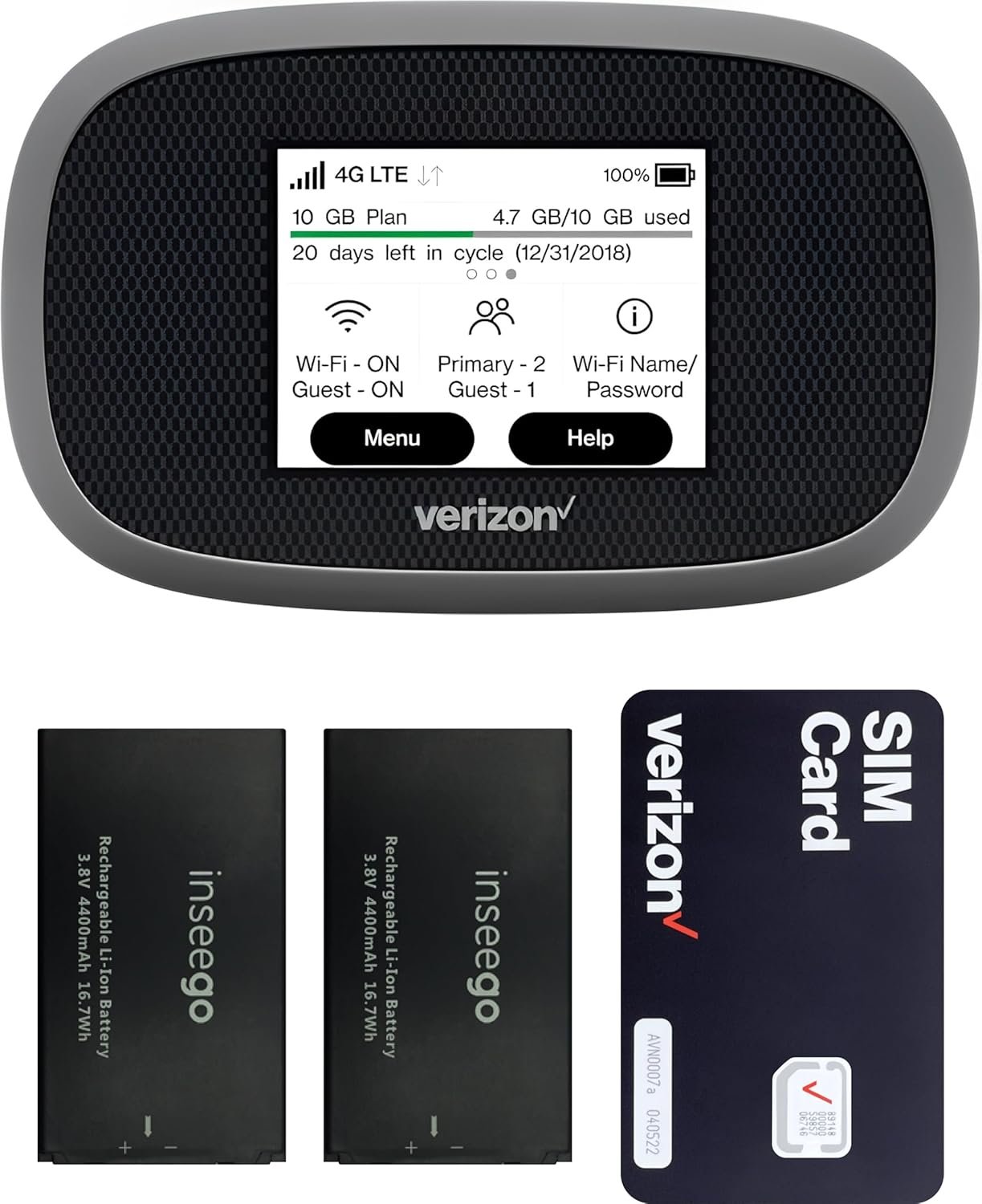 A Verizon mobile hotspot device is shown with its display on, along with two Inseego rechargeable batteries and a Verizon SIM card.