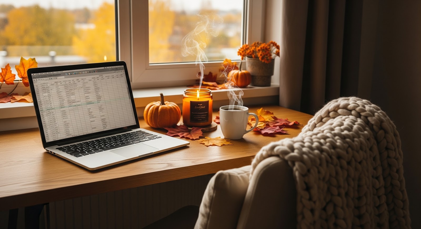 A laptop with a spreadsheet, a lit candle, a mug, small pumpkins, and autumn leaves sit on a desk by a window with fall foliage visible outside. A blanket is draped over a chair.