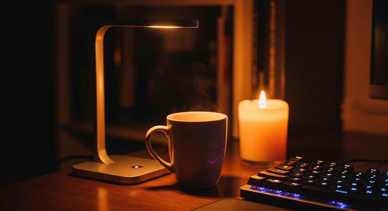 A lit desk lamp, a steaming mug, a burning candle, and part of an illuminated keyboard on a wooden desk with books in the background.