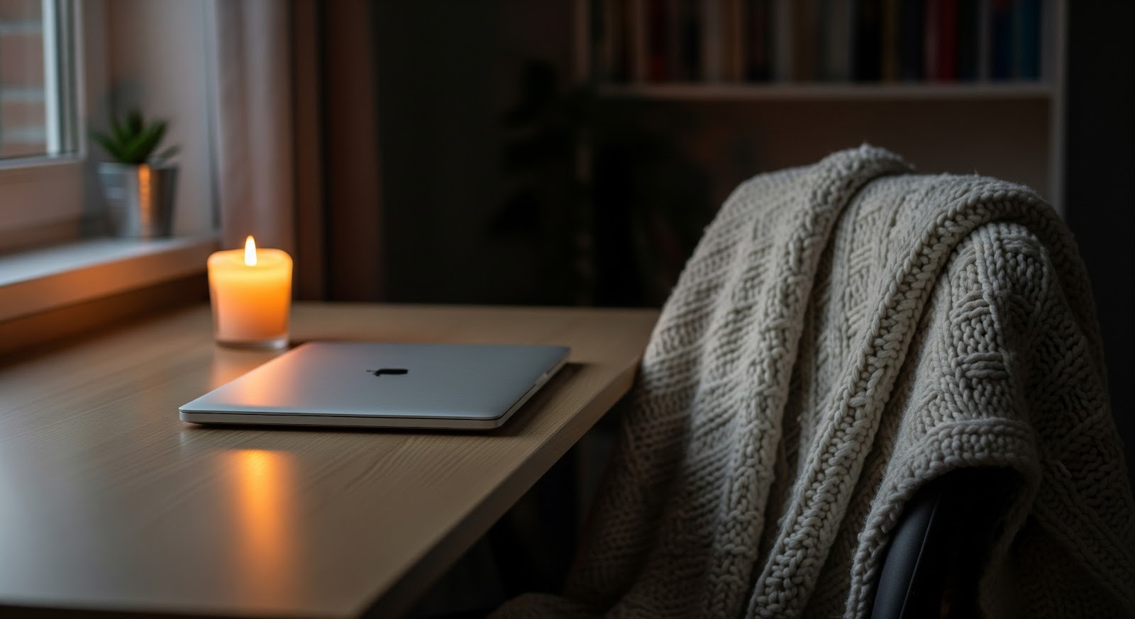 A closed laptop sits on a wooden desk next to a lit candle, with a knitted blanket draped over a chair; bookshelves are visible in the background.