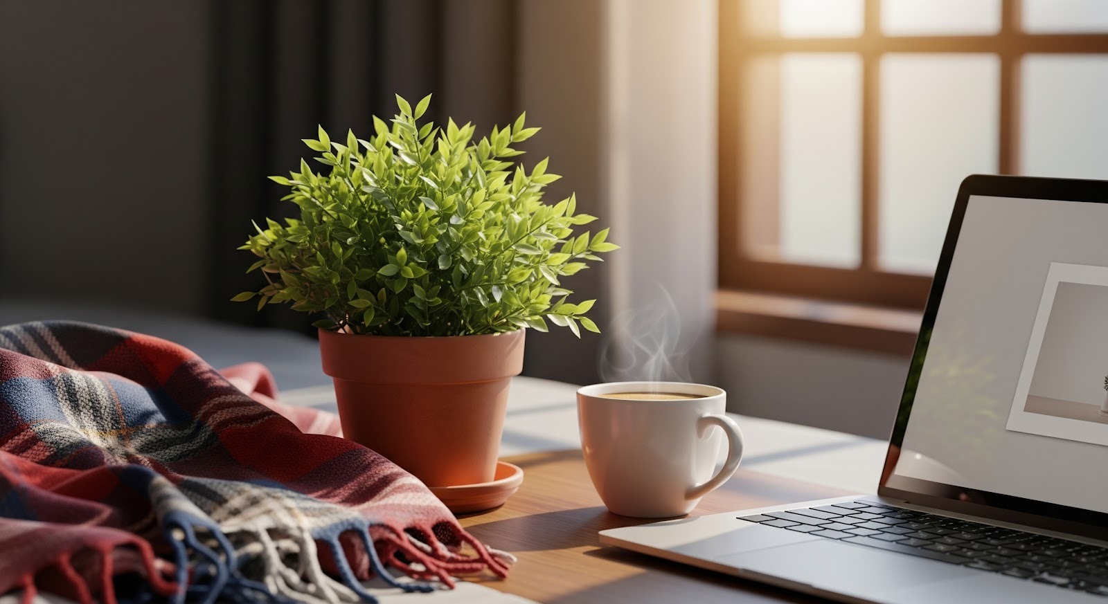 A potted plant, a steaming cup of coffee, a plaid blanket, and an open laptop sit on a desk near a sunlit window.