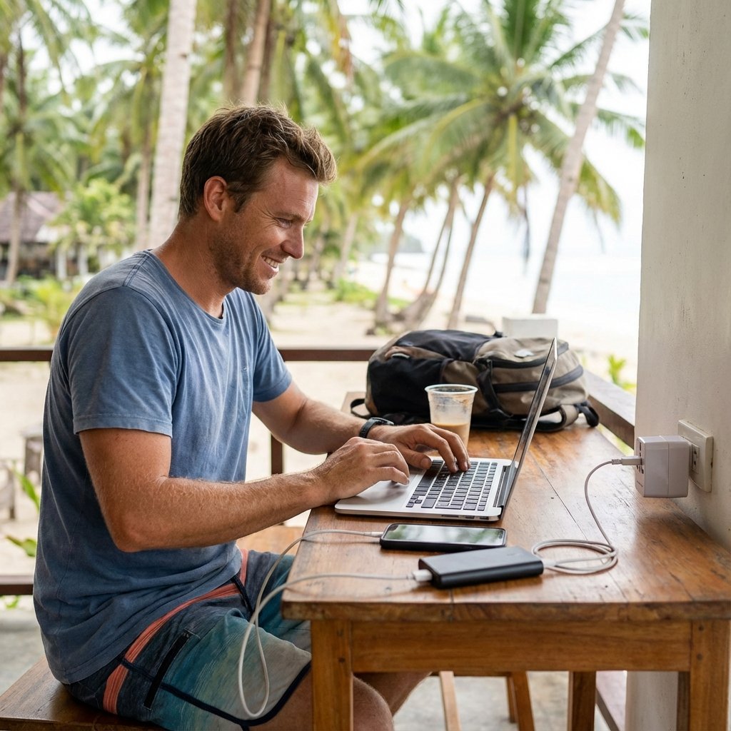 Man working on a laptop at a wooden table outdoors, with a backpack, iced drink, and palm trees in the background. A phone and power bank are on the table.