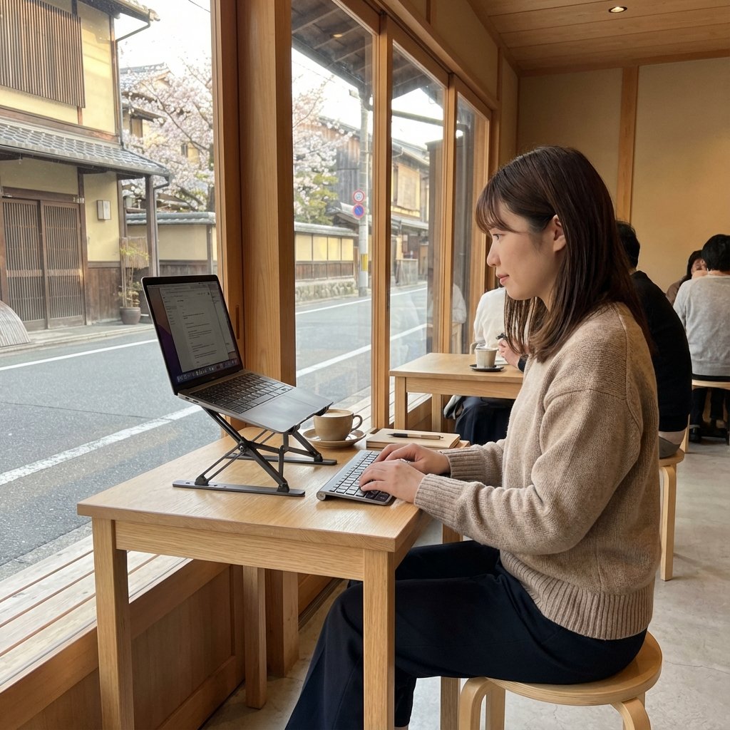 A woman works on a laptop with an external keyboard at a wooden table in a café with large windows facing a quiet street.