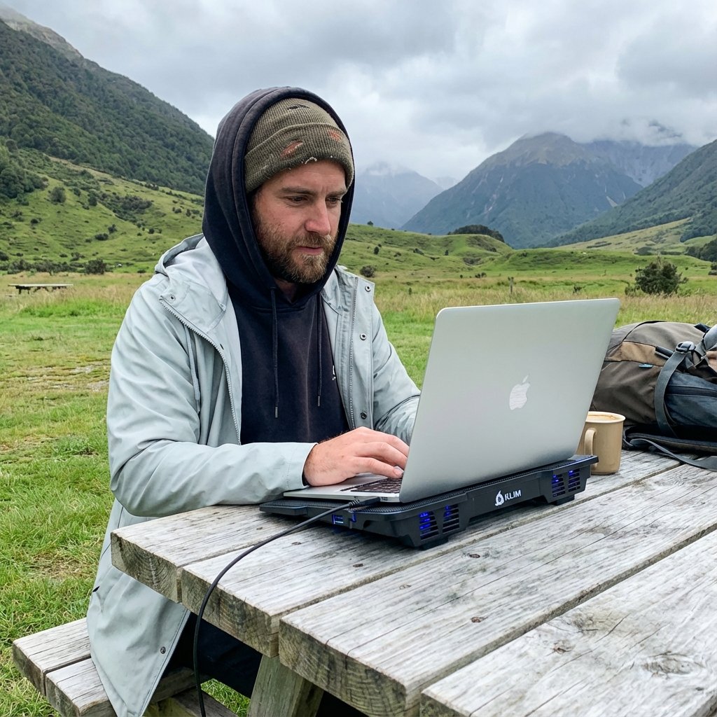 A man wearing a jacket and beanie works on a laptop at a wooden picnic table outdoors, with mountains and cloudy skies in the background.