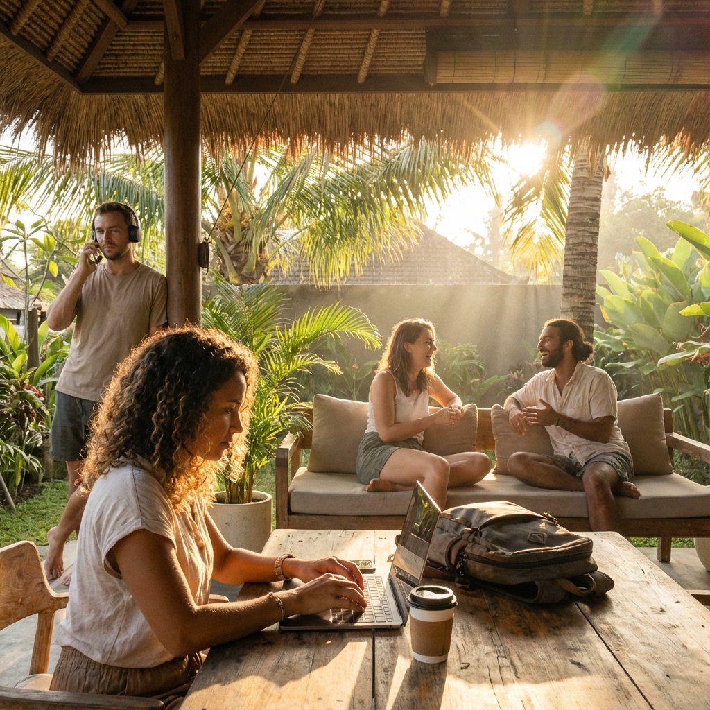 Four people in a tropical outdoor setting; one works on a laptop at a table, another talks on the phone, while two sit and chat on a sofa. Sunlight streams through lush greenery.