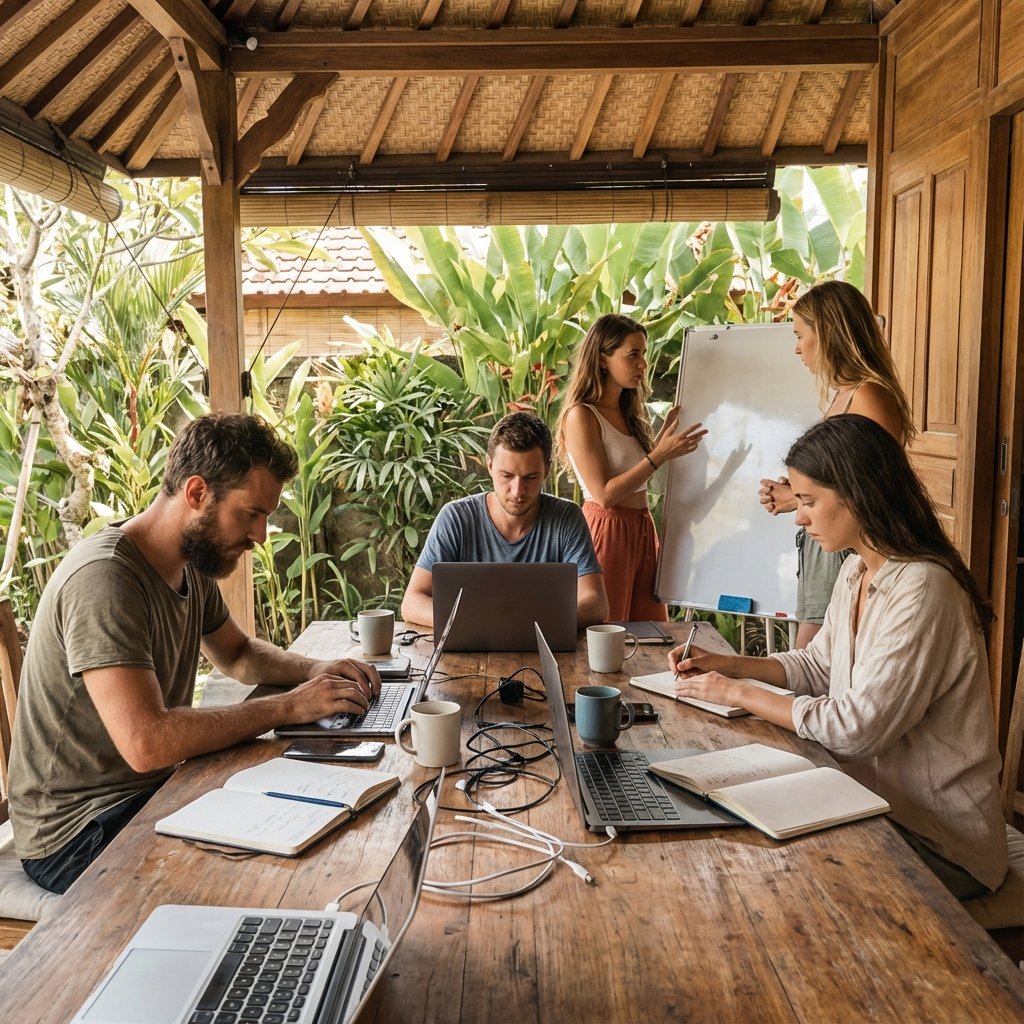 Five people work together at a wooden table with laptops, notebooks, and coffee cups; two stand near a whiteboard, and three are seated, all in an open tropical setting.