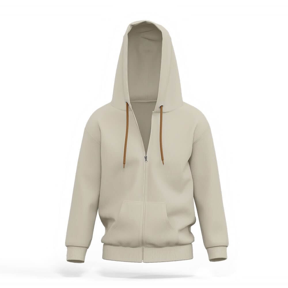 A plain beige zip-up hoodie with a front pocket and brown drawstrings, displayed on a white background.