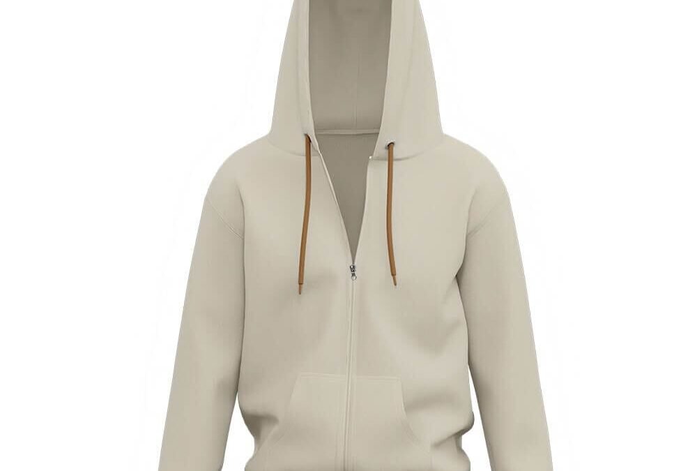 Beige zip-up hoodie with front pockets, brown drawstrings, and ribbed cuffs and hem, displayed on a plain white background.