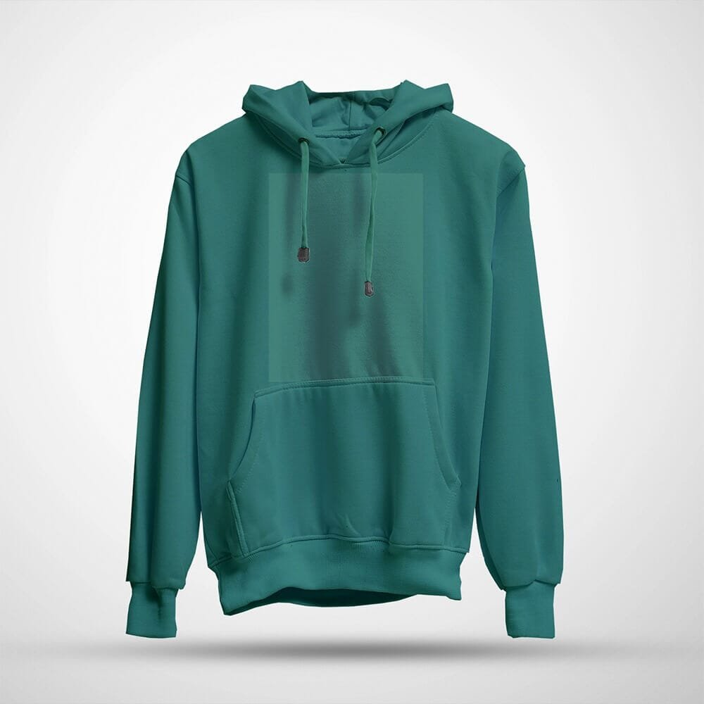 A plain teal hoodie with a front pocket and drawstrings, displayed on a white background.