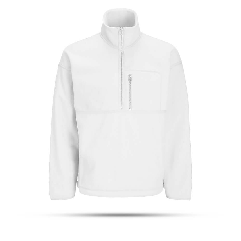 A white long-sleeve fleece pullover with a half-zip front, stand-up collar, and single zippered chest pocket, shown on a white background.