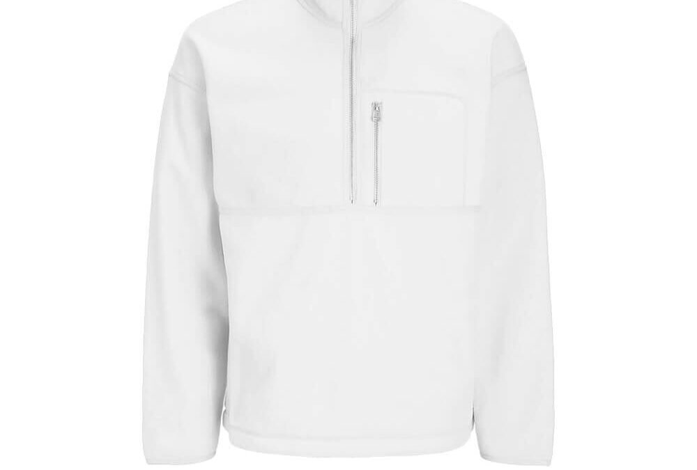 A plain white fleece pullover with a half-zip front, stand-up collar, and a zippered chest pocket.