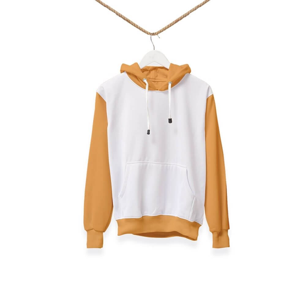 A white hoodie with mustard yellow sleeves, hood, and hem hangs on a white hanger suspended by a rope against a plain white background.