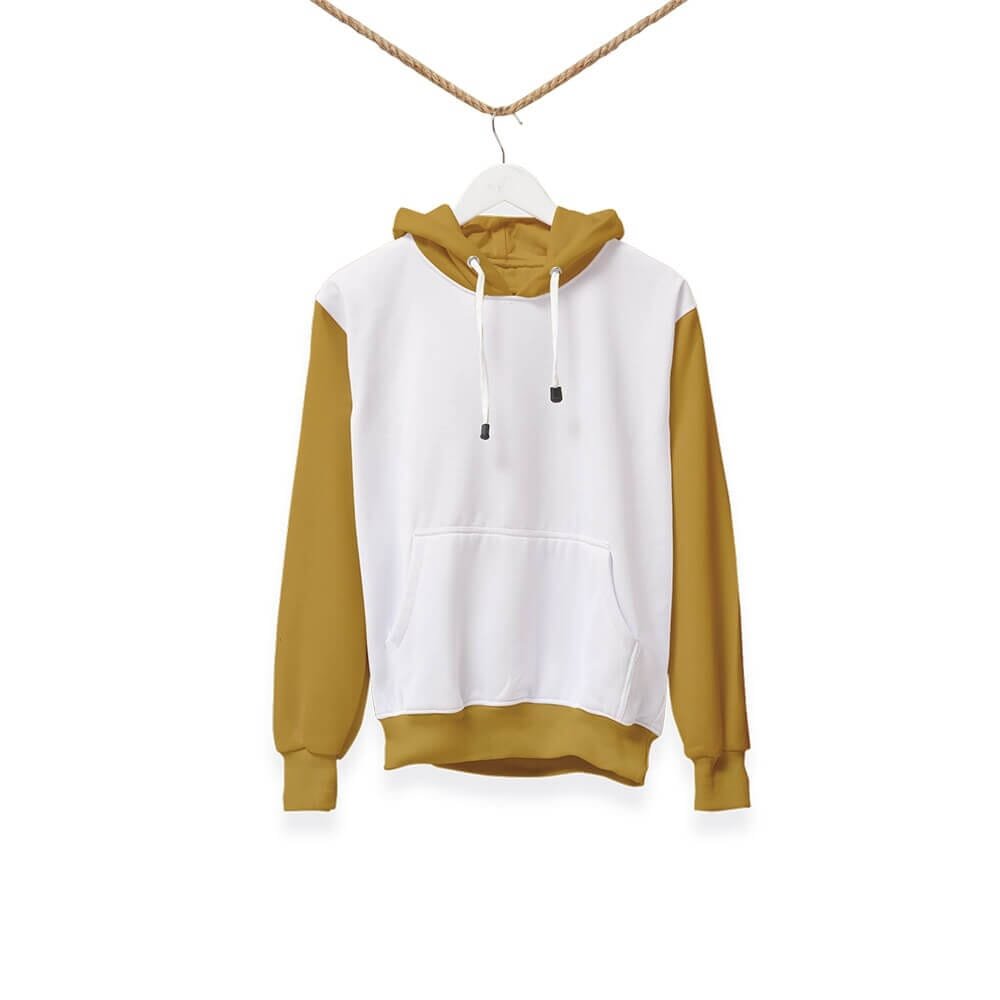A hoodie with white front and center, mustard yellow sleeves, hood lining, and waistband, displayed on a hanger suspended by rope.