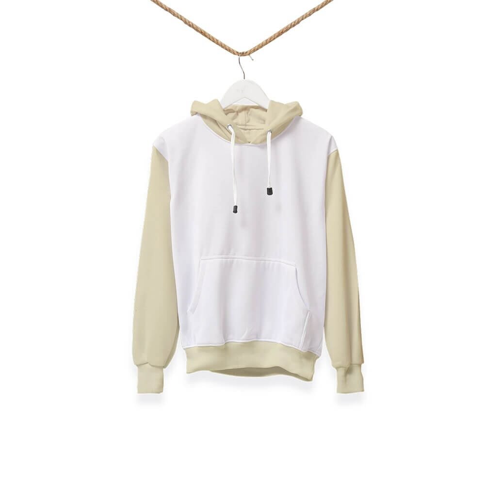 A white hoodie with beige sleeves and hood, displayed on a hanger and suspended by a rope against a plain white background.