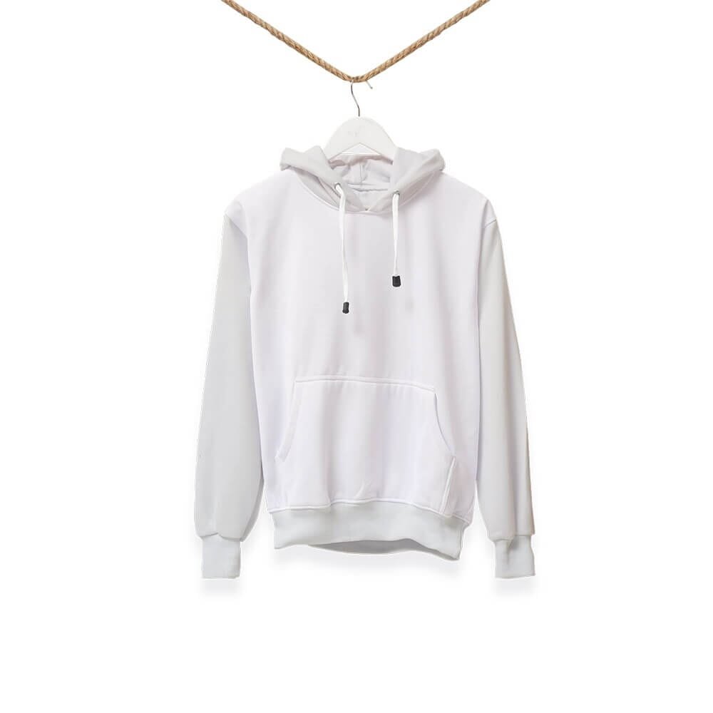 A plain white hoodie with a front pocket and drawstrings is hanging on a hanger suspended by a rope against a white background.