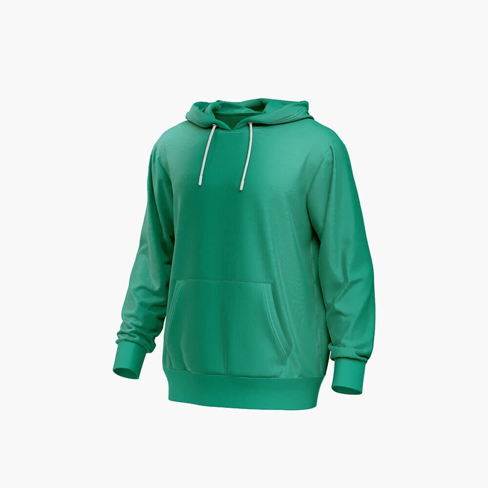 A plain green hooded sweatshirt with white drawstrings and a front kangaroo pocket, displayed on a white background.