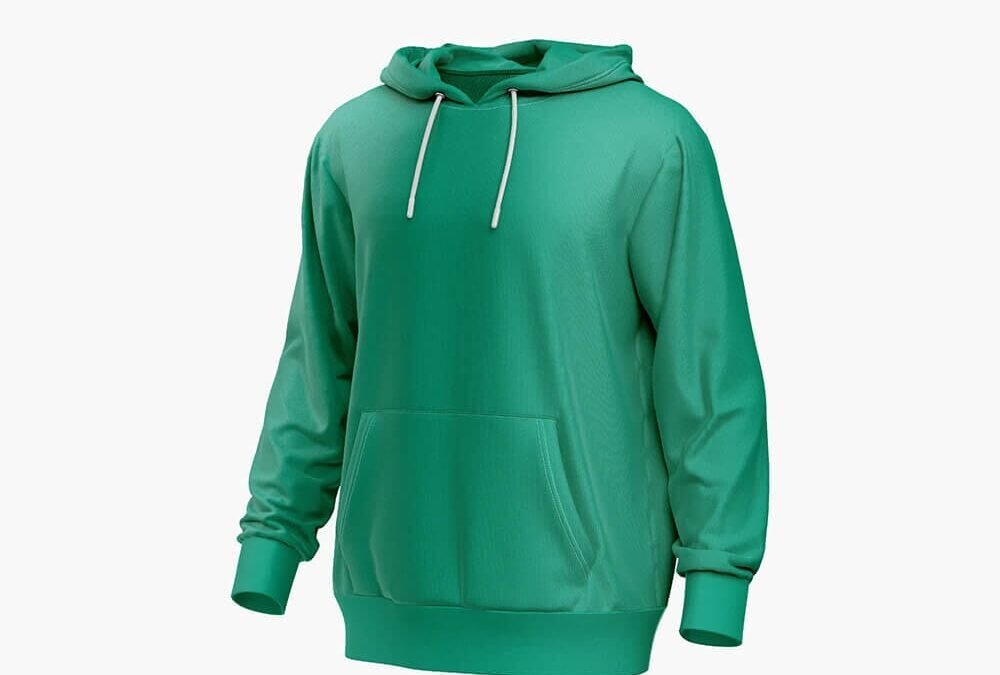 Green hooded sweatshirt with a front pocket and white drawstrings, displayed on a plain white background.