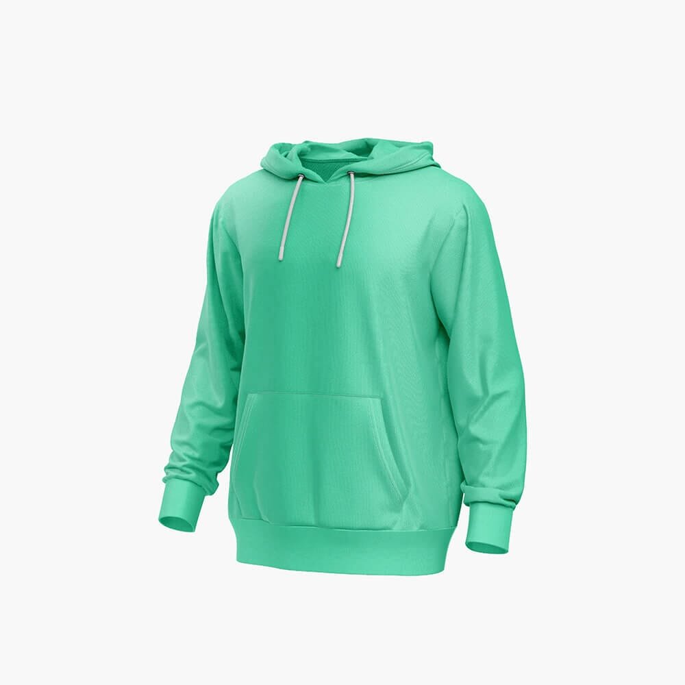 A plain green hooded sweatshirt with a front pocket and white drawstrings, displayed on a white background.