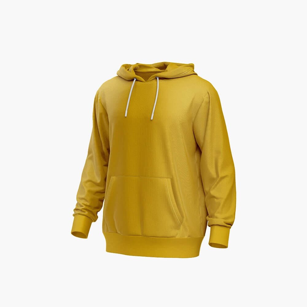 A plain yellow hooded sweatshirt with white drawstrings and a front kangaroo pocket, displayed on a white background.
