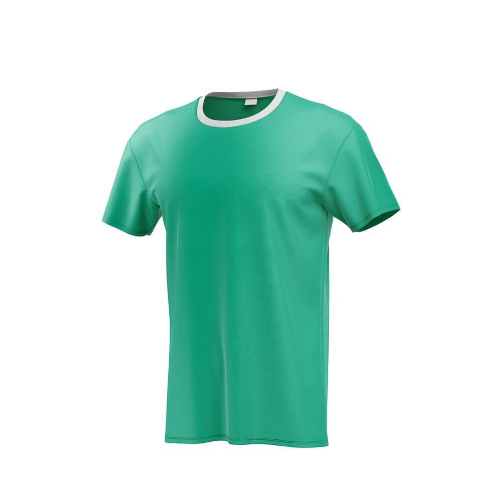 Green short-sleeve t-shirt with a white crew neckline, displayed on a plain white background.