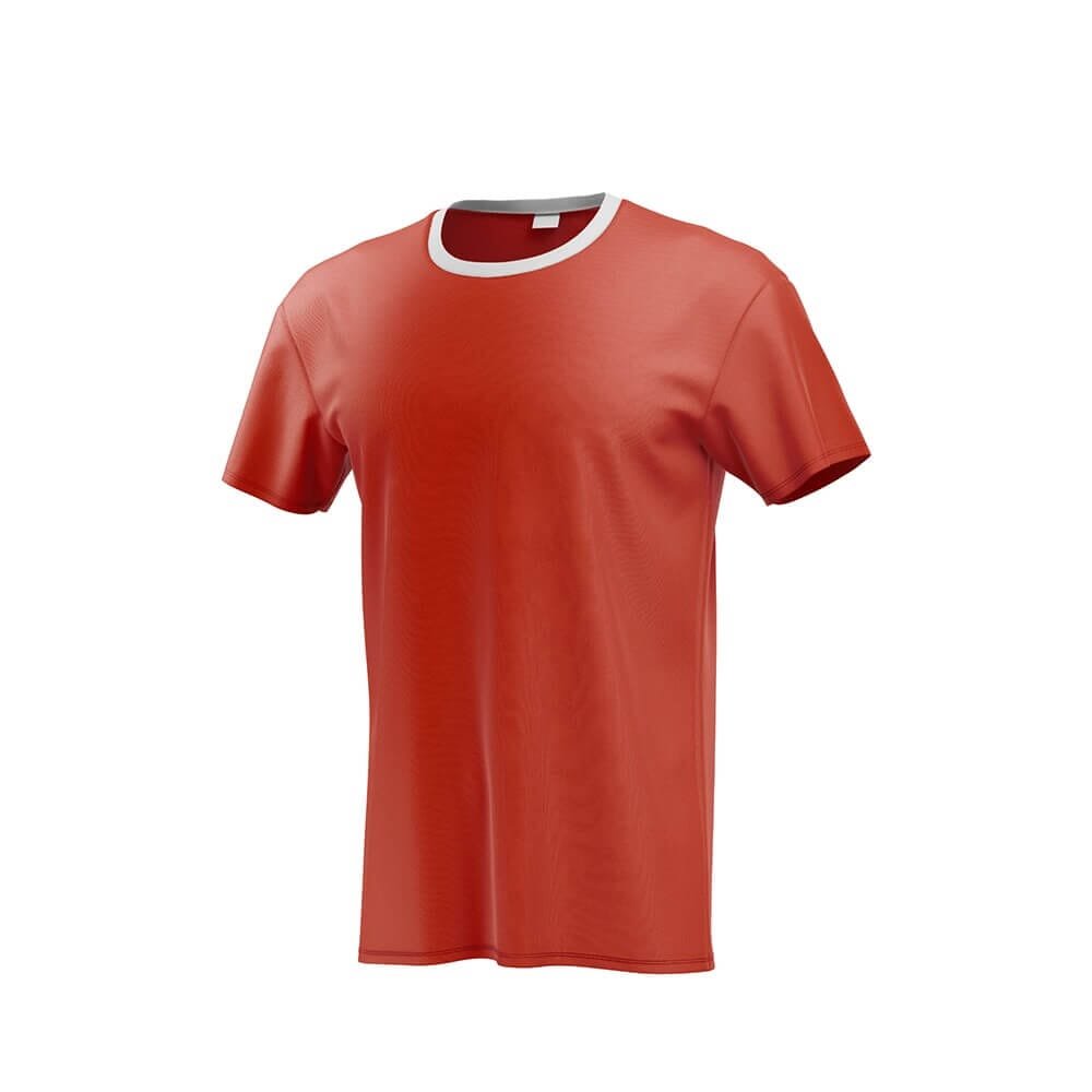 A plain red short-sleeve t-shirt with a white crew neckline, displayed on a blank white background.