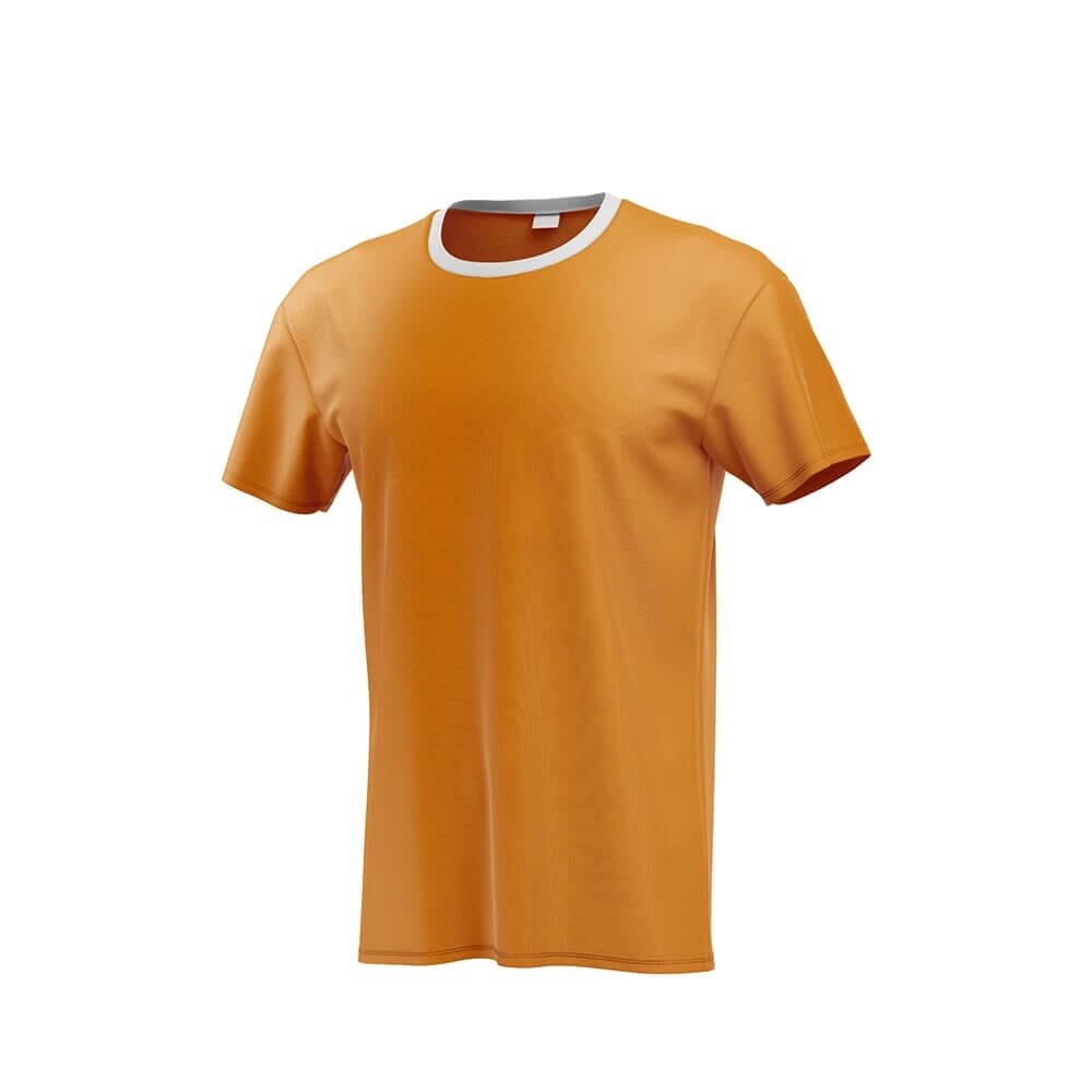 A plain orange short-sleeve t-shirt with a white crew neckline, displayed on a white background.