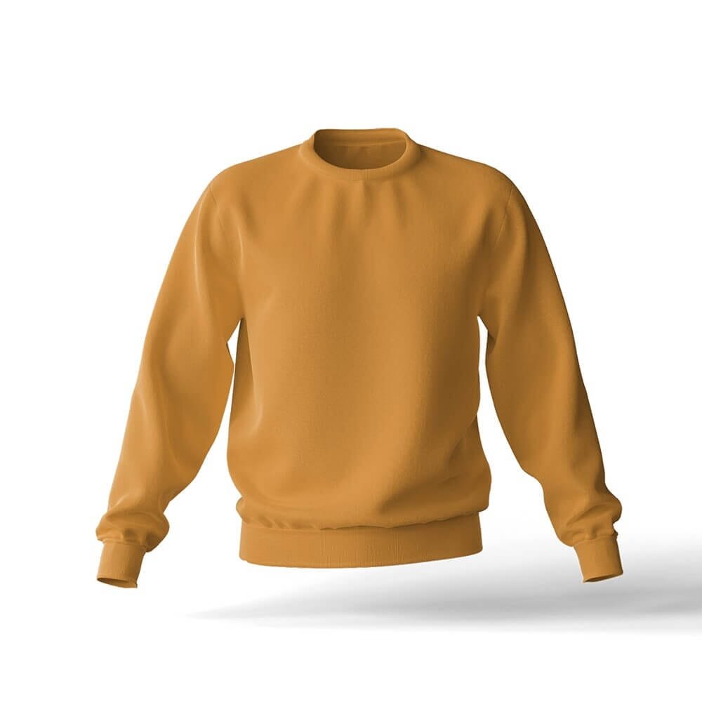 A plain, long-sleeved, mustard yellow crewneck sweatshirt displayed on a white background.