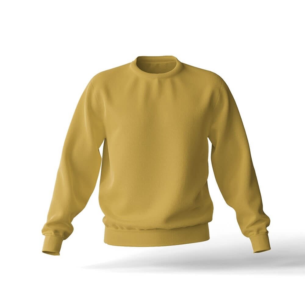 A plain mustard yellow crewneck sweatshirt with long sleeves, shown on a white background.