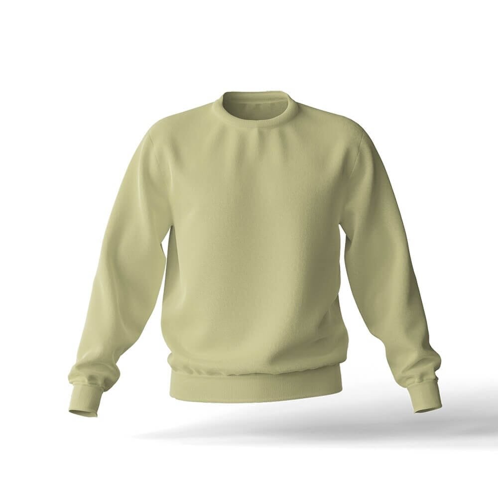 A plain, light beige crewneck sweatshirt with long sleeves displayed on a white background.