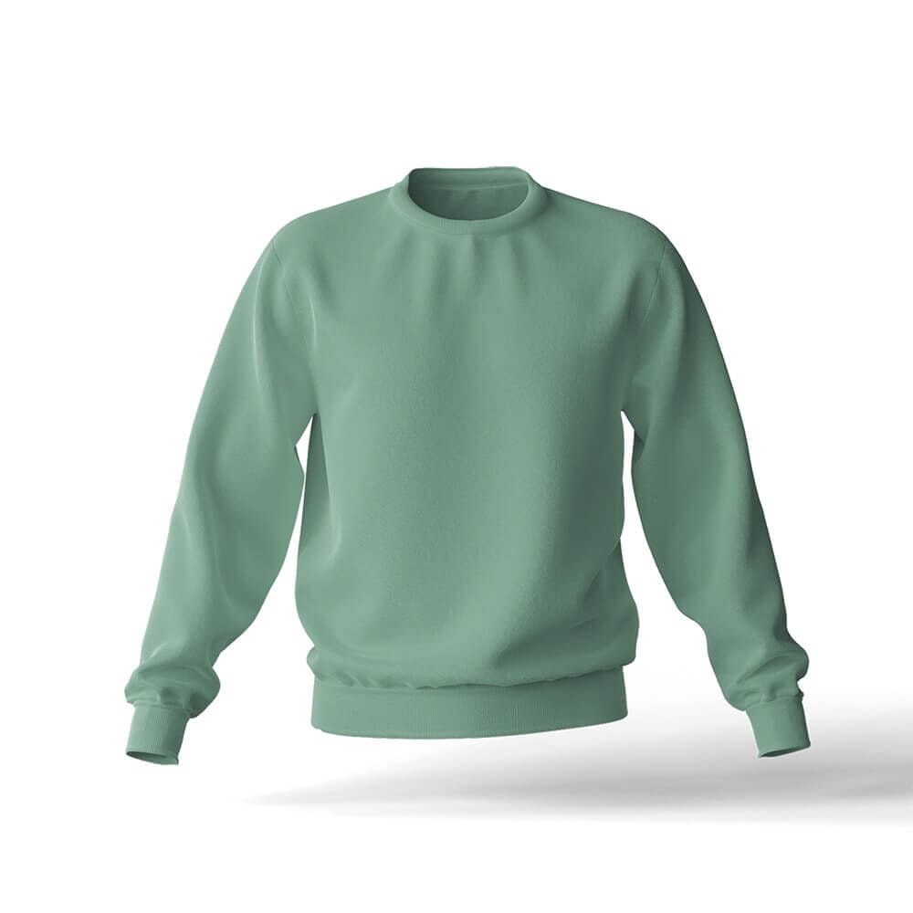 A plain, long-sleeved, light green crewneck sweatshirt displayed against a white background.