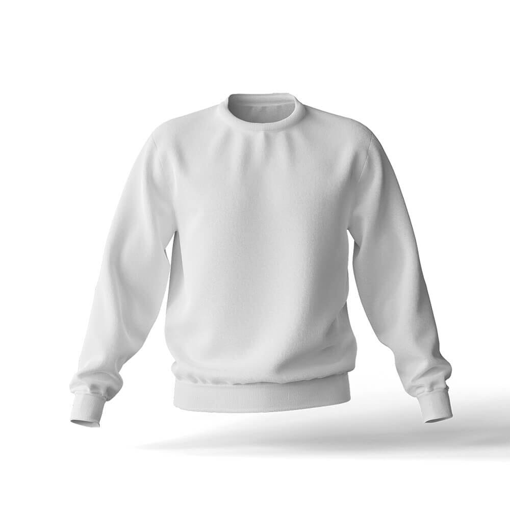 A plain white crewneck sweatshirt with long sleeves, displayed against a white background.