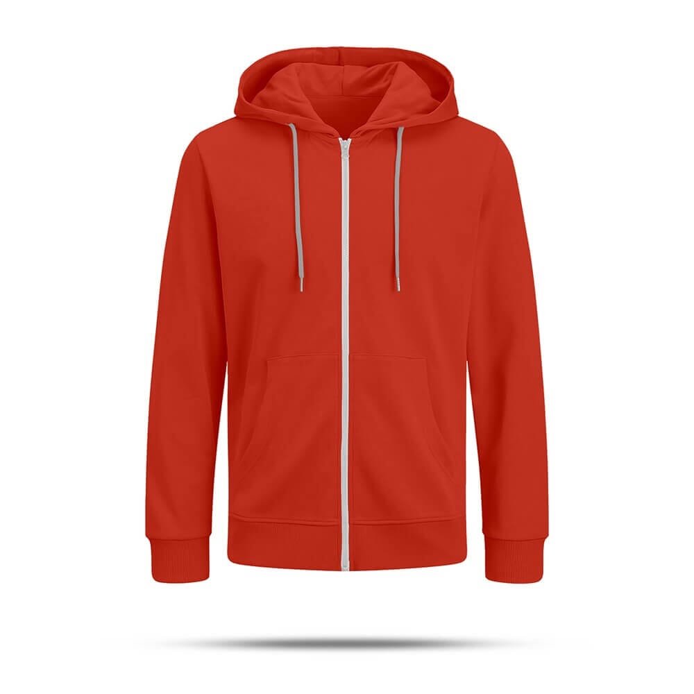 A plain red zip-up hoodie with a hood, drawstrings, and front pockets, displayed on a white background.