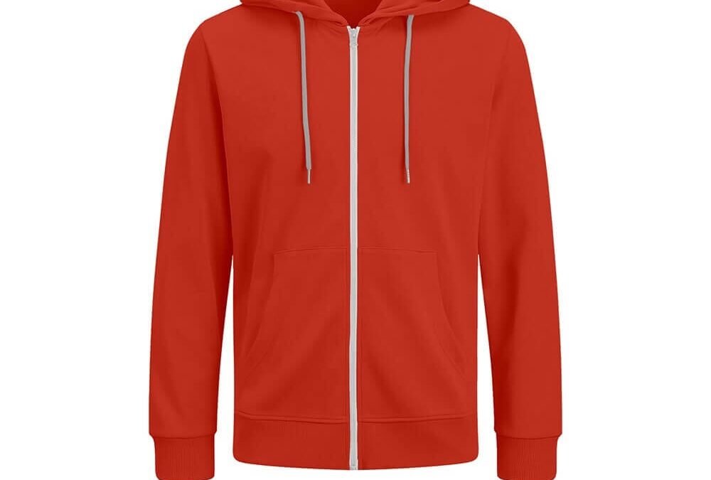 A plain red zip-up hoodie with front pockets and a hood featuring white drawstrings, displayed on a white background.