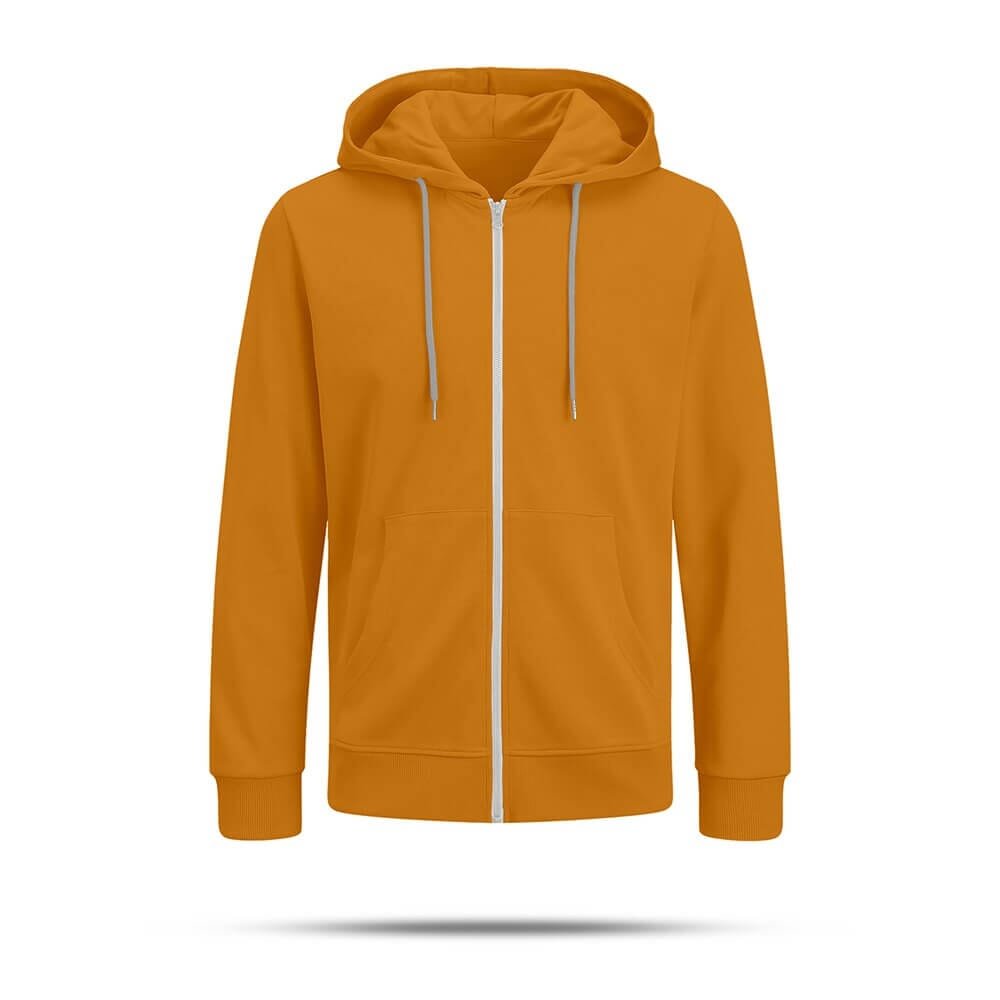 A plain orange zip-up hoodie with a hood, gray drawstrings, front pockets, and white zipper, displayed on a white background.