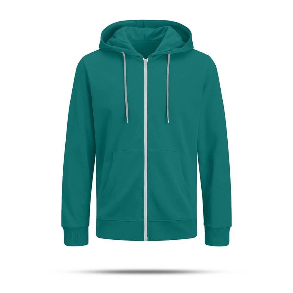 Teal zip-up hoodie with front pockets, drawstring hood, and ribbed cuffs displayed on a plain white background.