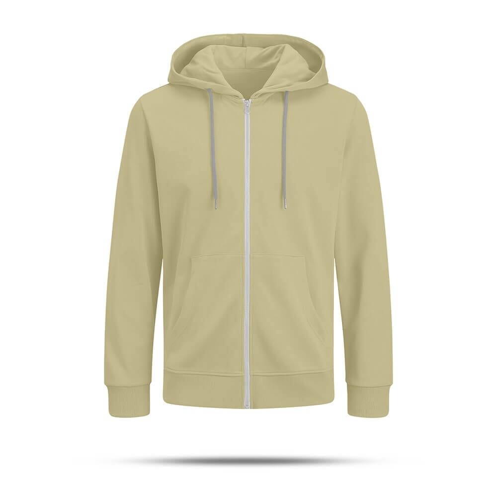 A plain light beige zip-up hoodie with a hood, front pockets, and drawstrings, displayed on a white background.