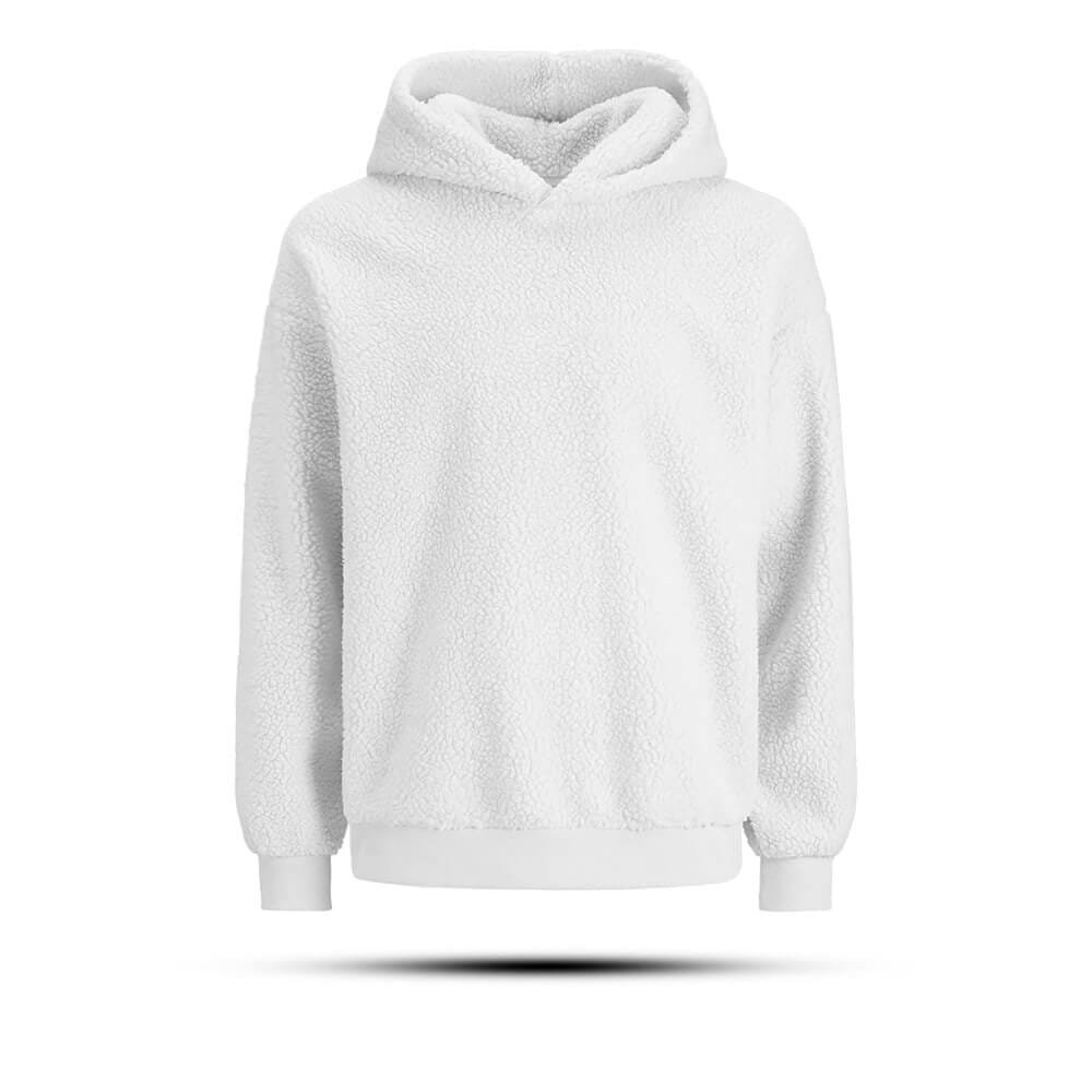 A white, long-sleeve sherpa fleece hoodie with a front pocket, displayed on a plain white background.