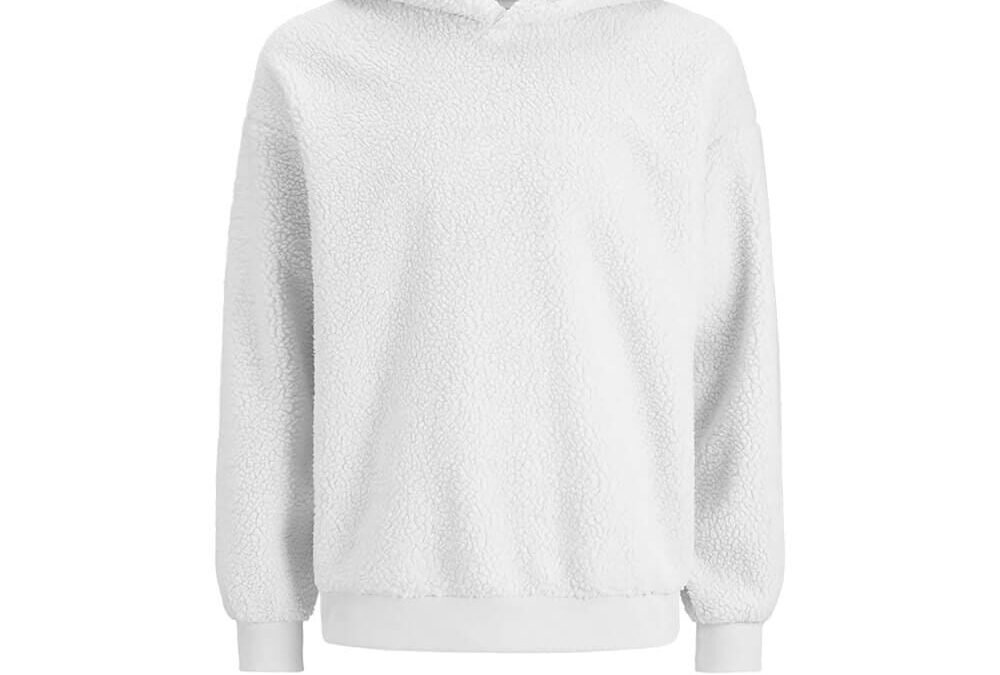 A plain white, long-sleeve sherpa hoodie with a front pocket, shown on a white background.