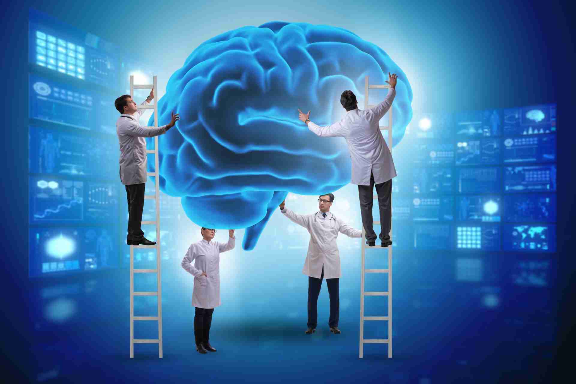 A group of scientists working on a brain on a ladder.